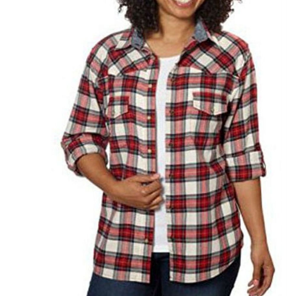 Jachs Girlfriend Bea Plaid Pearl Snap Button Down Red Flannel Denim Collar Shirt